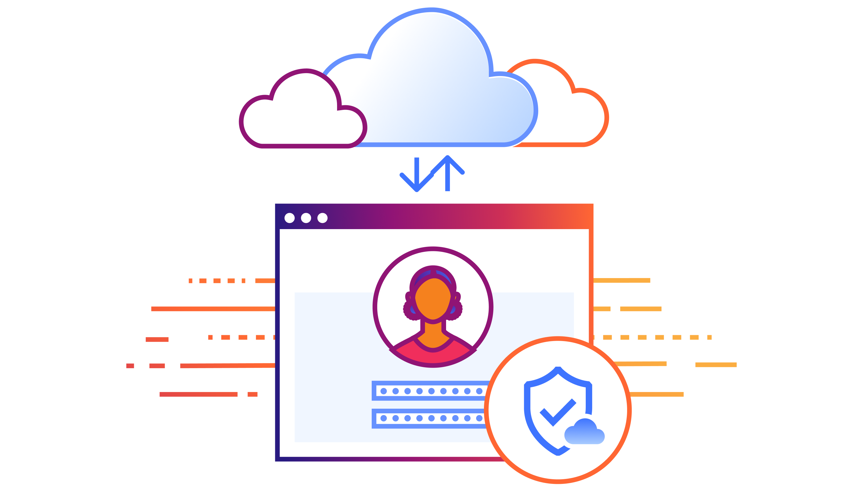 Secure SaaS Illustration showing a protected computer screen interacting with the cloud